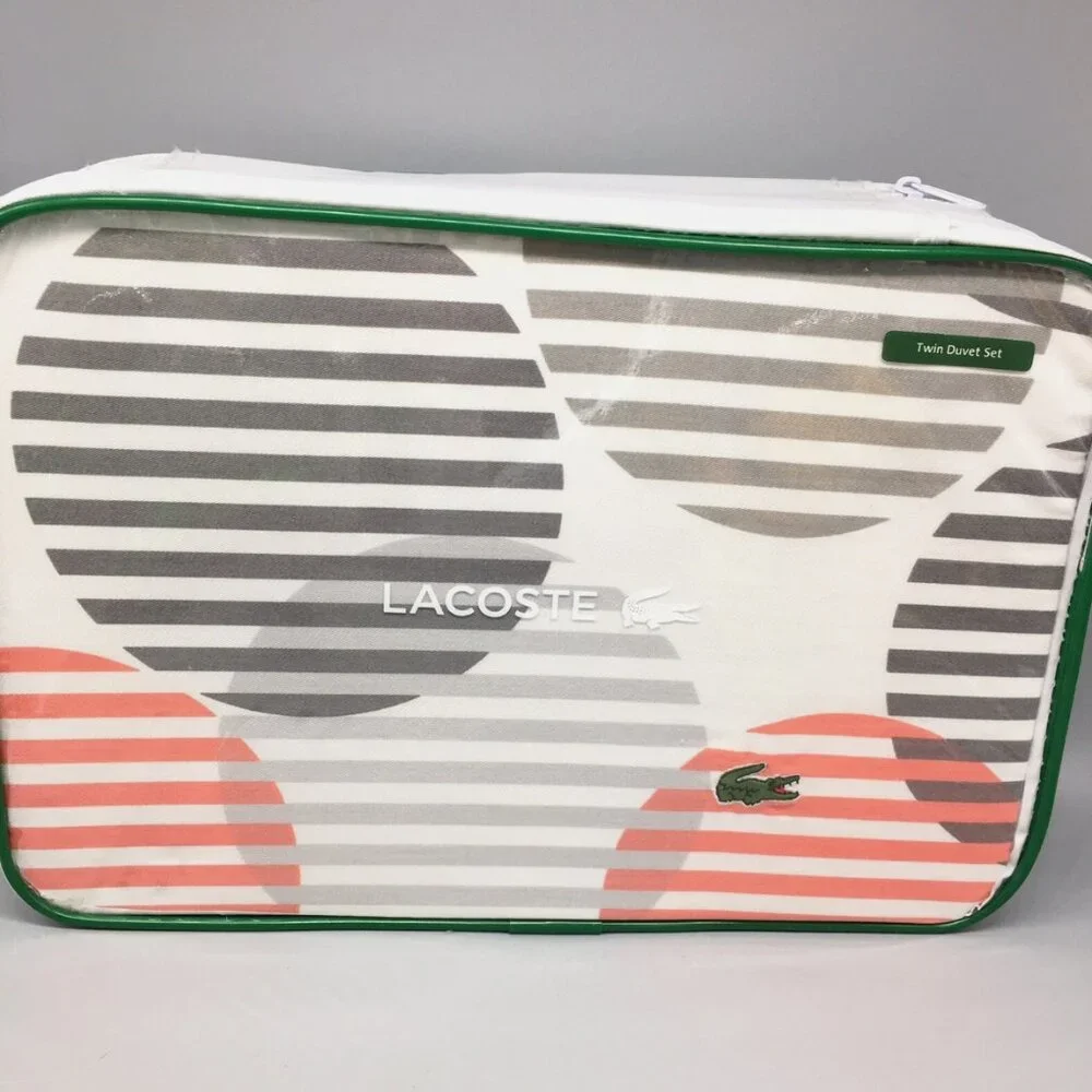 2pc Lacoste TWIN Duvet Sham Set Modern Striped Circle Burnt Coral Gray MSRP $250
